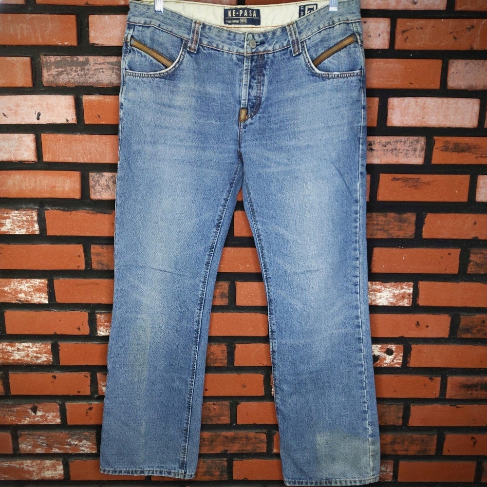 Men's Vintage Jeans 38 Ke-Pasa Leather Trim Button Fly Distressed Denim Rare